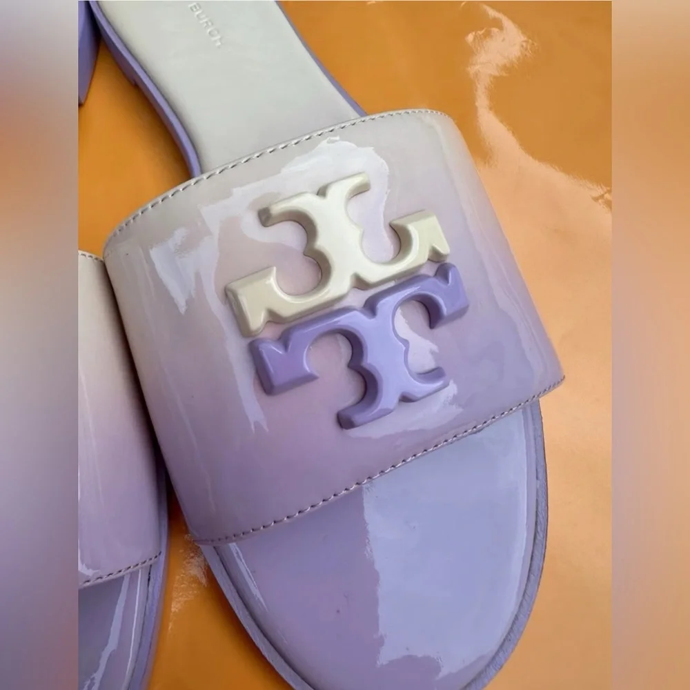 Tory Burch Everly Slide Flat Soft Patent Leather Sweet corn/Lavender Cloud. SZ 5